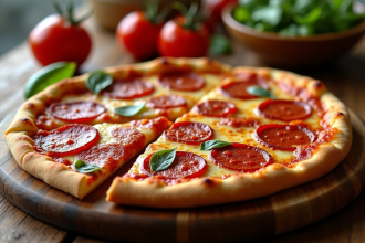 Pizza au chorizo fraîche tranchée sur table en lumière naturelle