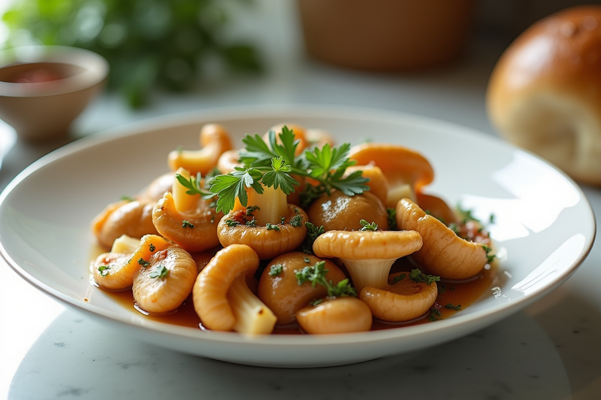 Plat gourmet de chanterelles sautées avec des herbes fraîches