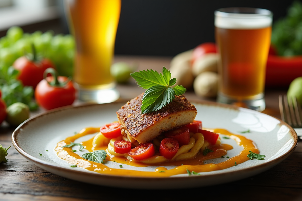 Plat gourmet avec sauce à la bière IPA et verres de dégustation