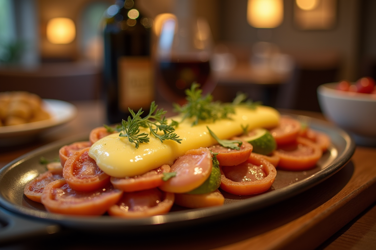 Gros plan sur une assiette raclette avec fromage fondu et légumes