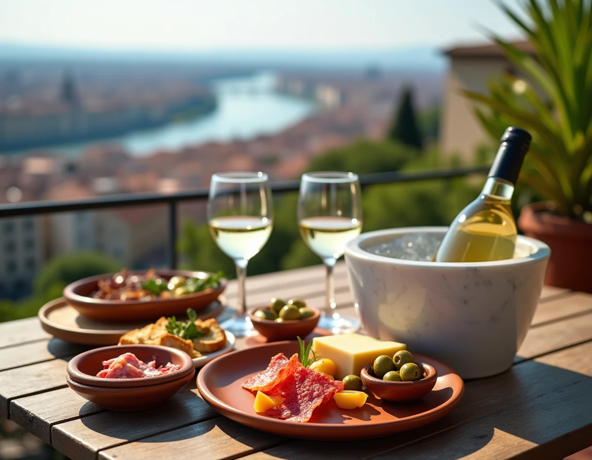 Plateau d'apéritif avec charcuterie, olives et vin blanc sur une terrasse avec vue imprenable sur un paysage urbain et une rivière