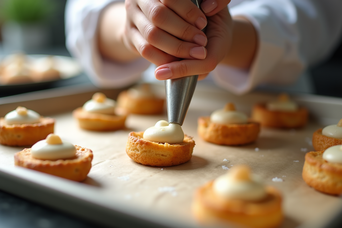 Mains du boulanger pipant la pâte à choux