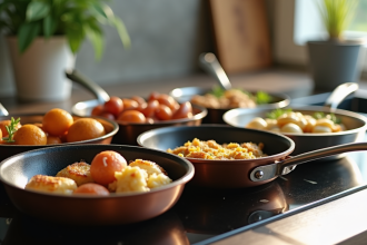 Différents types de poêles en cuisine lumineuse