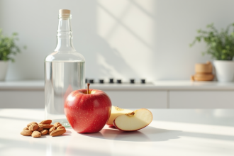 Pomme fraîche avec amandes et eau sur comptoir moderne