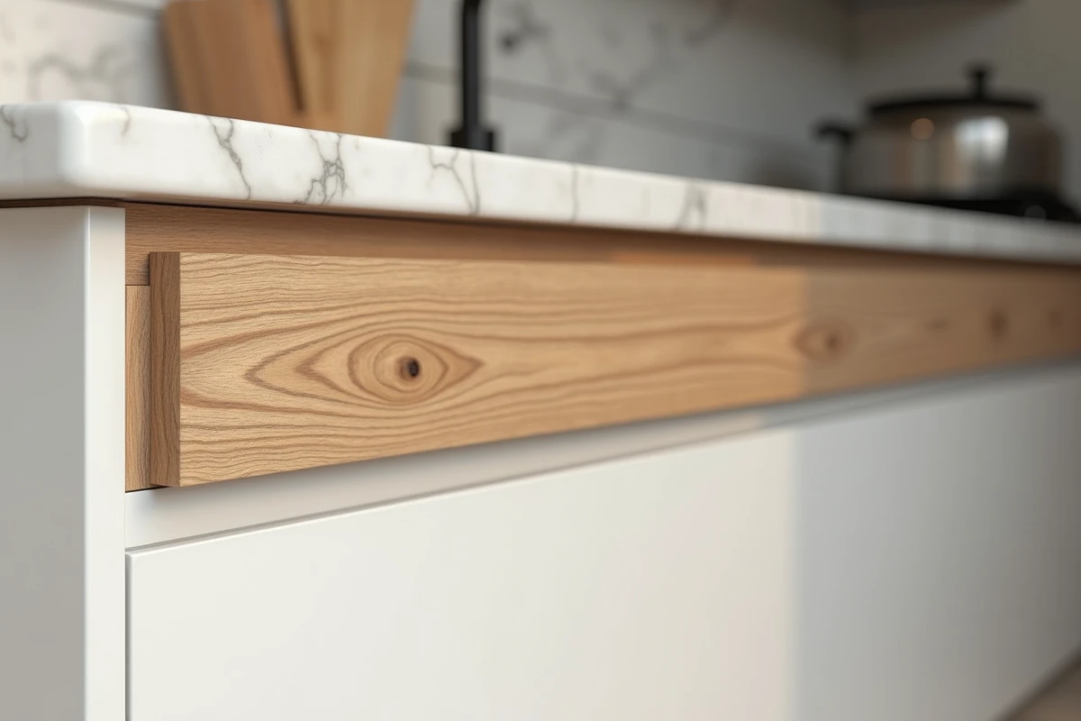 Porte de cuisine en bois chêne naturel avec grain apparent sur meuble blanc moderne