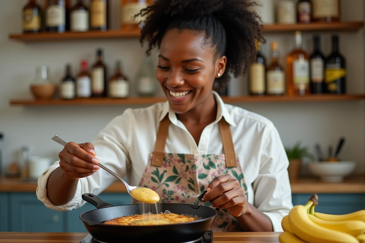 Femme préparant des beignets à la banane au rhum dans une cuisine maison, versant la pâte dans une poêle en fonte avec des ingrédients tropicaux visibles en arrière-plan