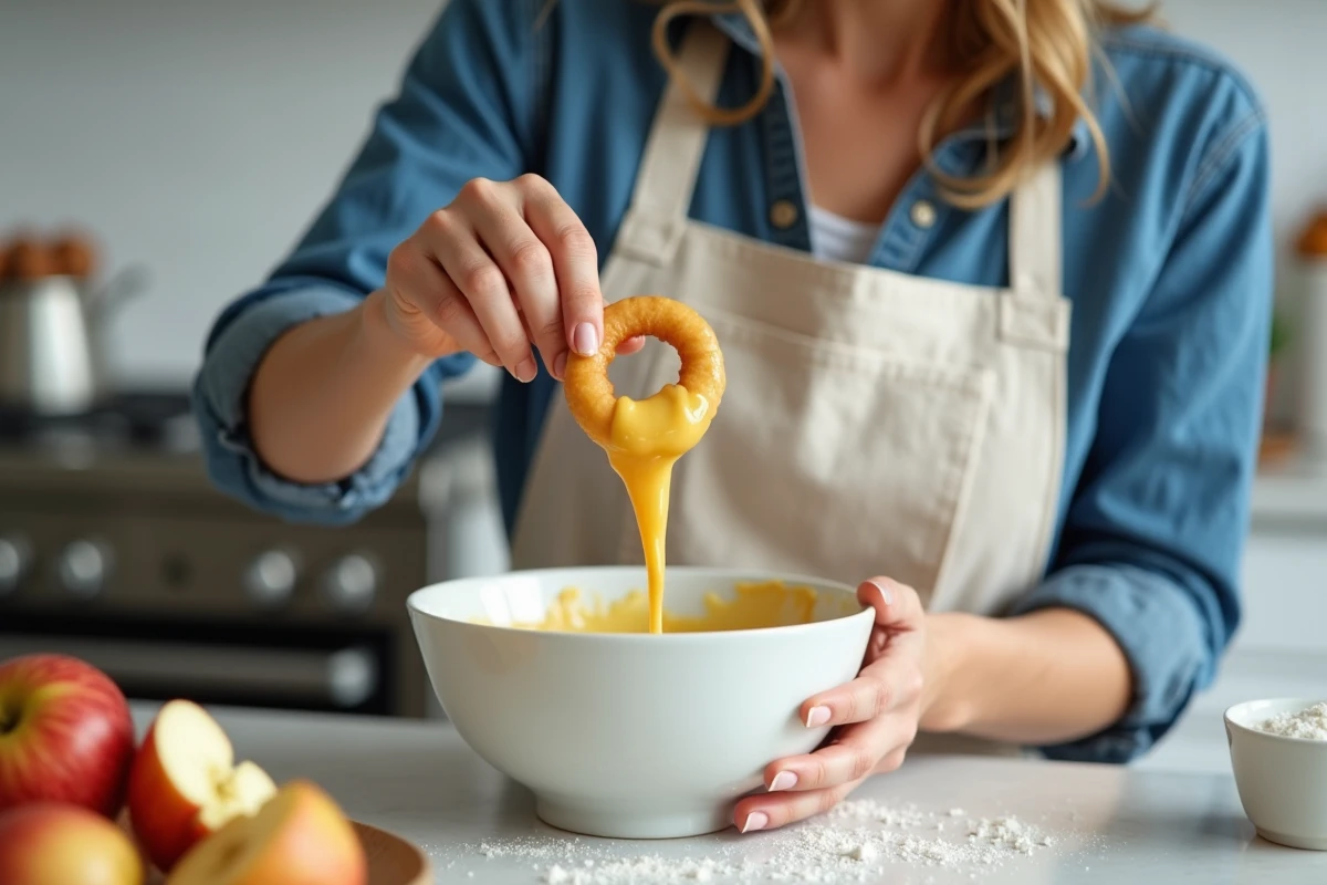 Femme préparant des beignets aux pommes express en trempant des rondelles de pommes dans la pâte, recette rapide maison