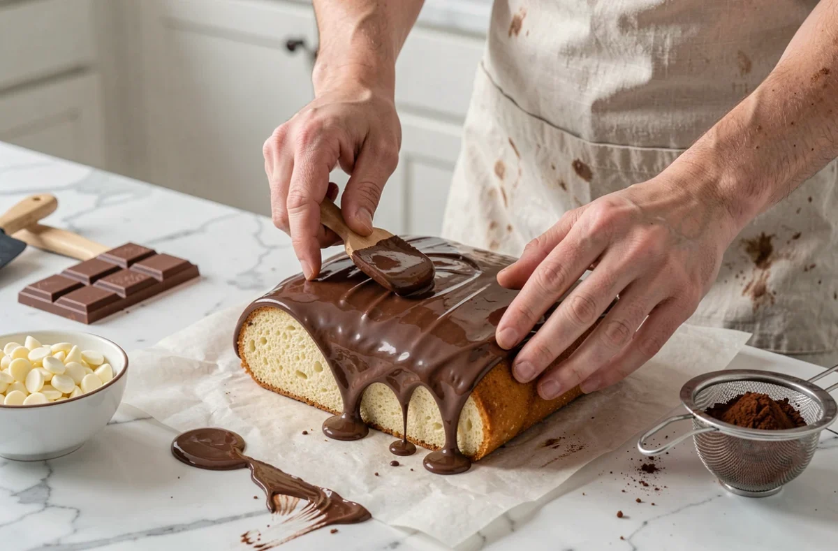 Mains d'une pâtissière étalant une ganache au chocolat noir sur un biscuit roulé entouré d'ingrédients pour réaliser une bûche aux trois chocolats