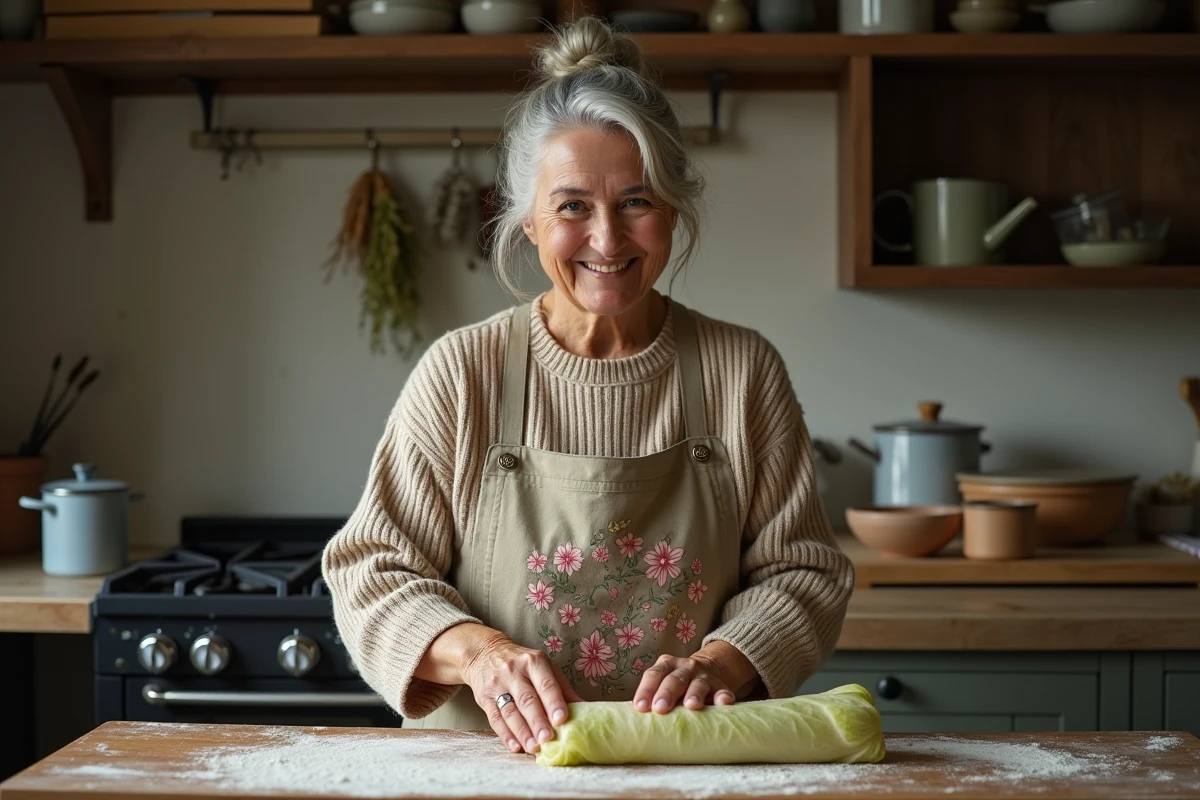 Femme préparant des choux farcis à la main dans une cuisine familiale traditionnelle
