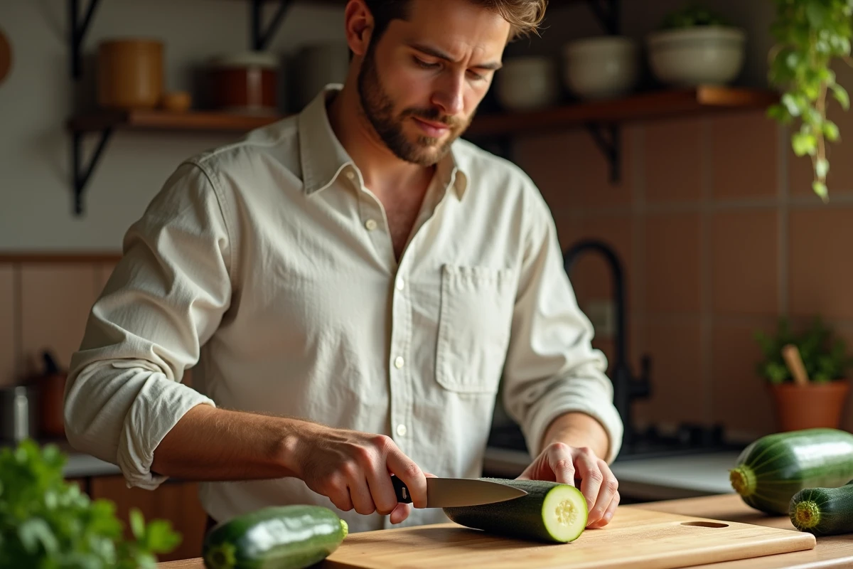 Homme qui coupe une courgette fraîche sur une planche en bois dans une cuisine maison