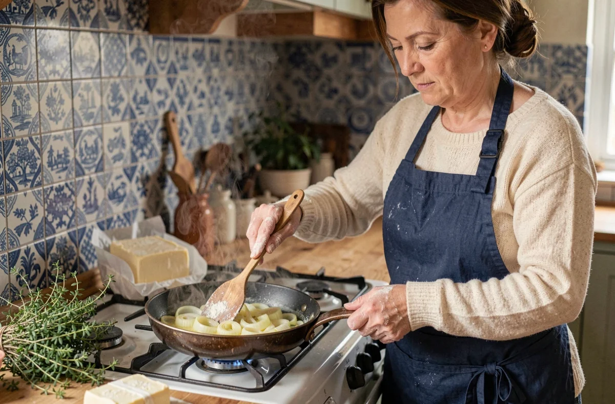 Femme bretonne faisant revenir des poireaux dans du beurre demi-sel dans une poêle sur une cuisinière à gaz vintage
