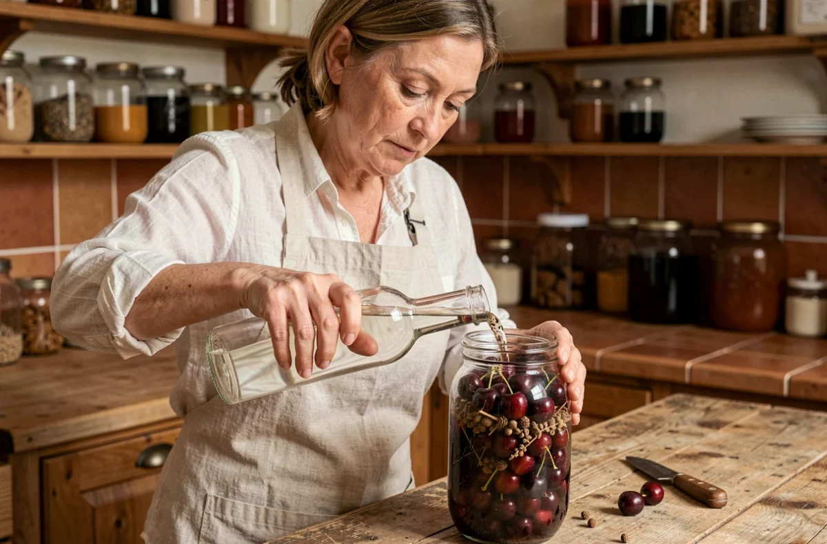 Femme versant de l'alcool dans un bocal de cerises pour préparer des fruits à l'alcool maison dans une cuisine rustique