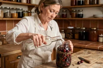 Femme versant de l'alcool dans un bocal de cerises pour préparer des fruits à l'alcool maison dans une cuisine rustique
