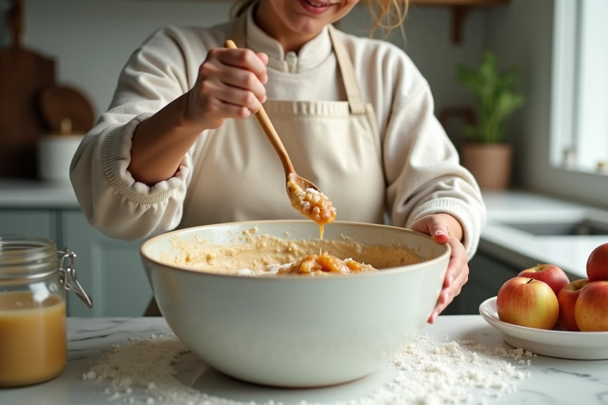 Femme préparant un gâteau moelleux en incorporant de la compote de pomme dans la pâte dans une cuisine moderne