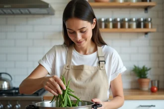 Femme préparant des haricots verts frais dans une cocotte minute sur un plan de travail de cuisine moderne