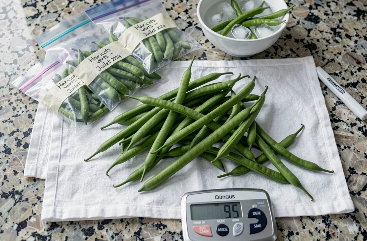 Haricots verts frais du jardin étalés sur un torchon en lin avec des sacs de congélation étiquetés et une balance de cuisine, préparation pour la congélation maison