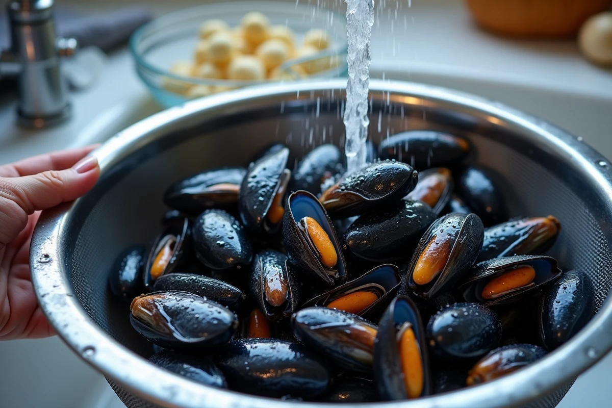 Moules fraîches en train d'être rincées dans une passoire en inox sous un filet d'eau, préparation ingrédients pour recette moules marinières Cookeo
