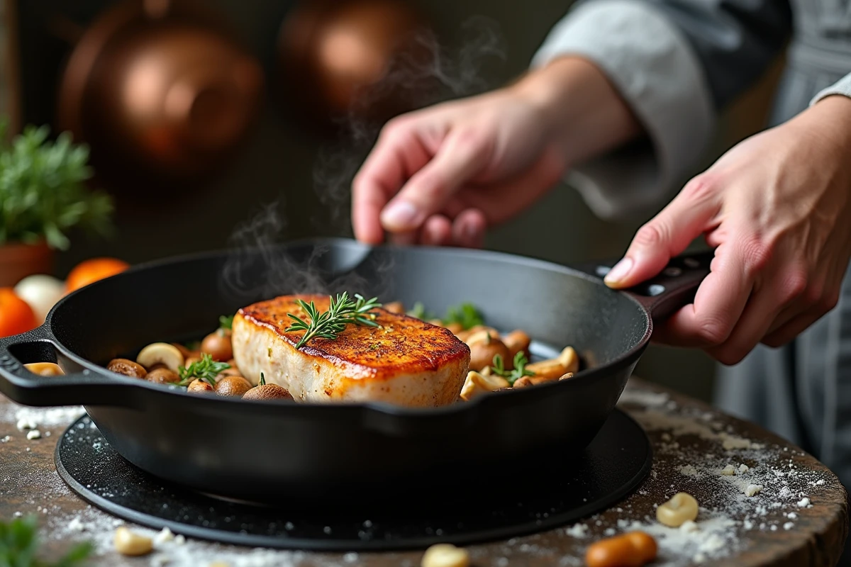 Mains de cuisinier préparant une paupiette de veau dans une poêle en fonte avec champignons sauvages chanterelles et porcini