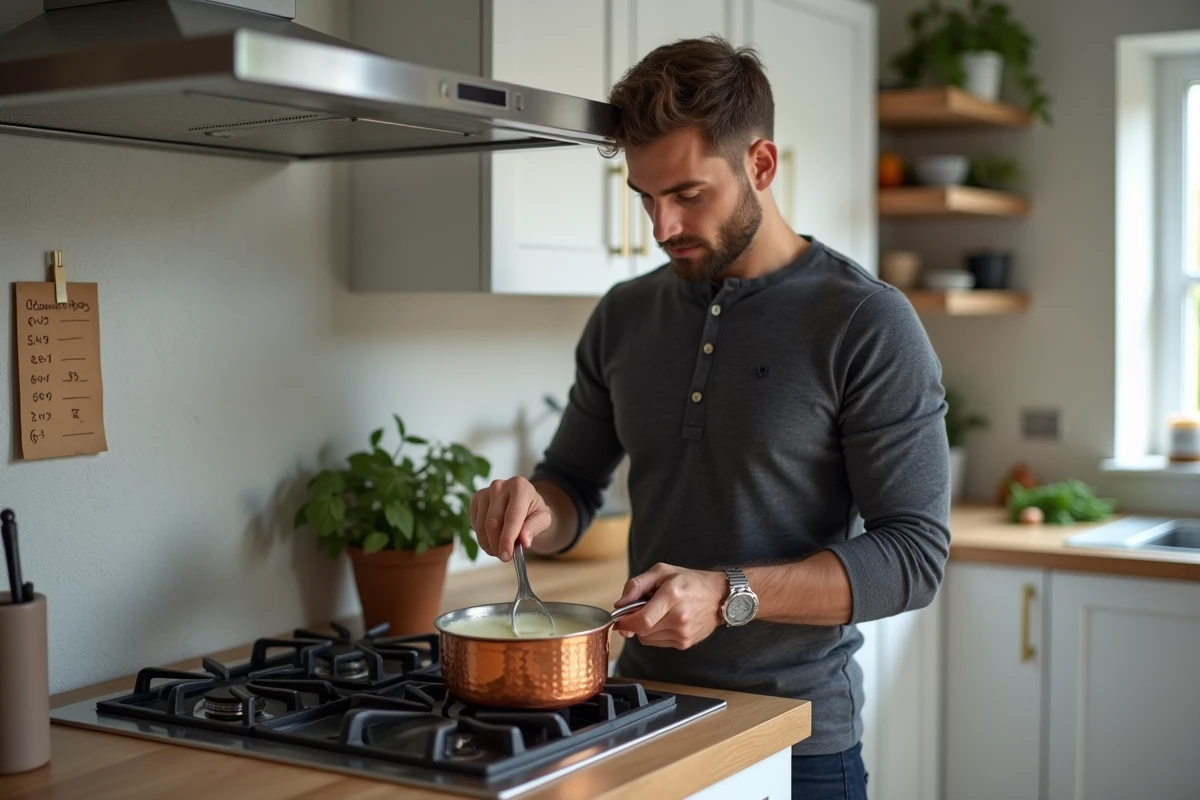 Homme préparant une sauce béchamel crémeuse dans une casserole en cuivre avec un tableau de conversion grammes et millilitres affiché en cuisine