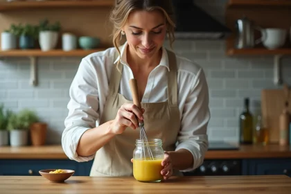 Femme préparant une vinaigrette maison dans un bocal en verre avec un fouet dans une cuisine rustique en bois