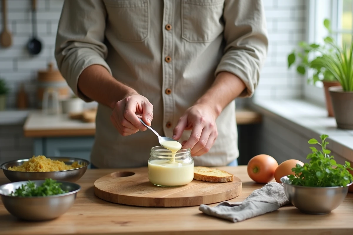 Jeune homme versant mayonnaise dans un bol en cuisine