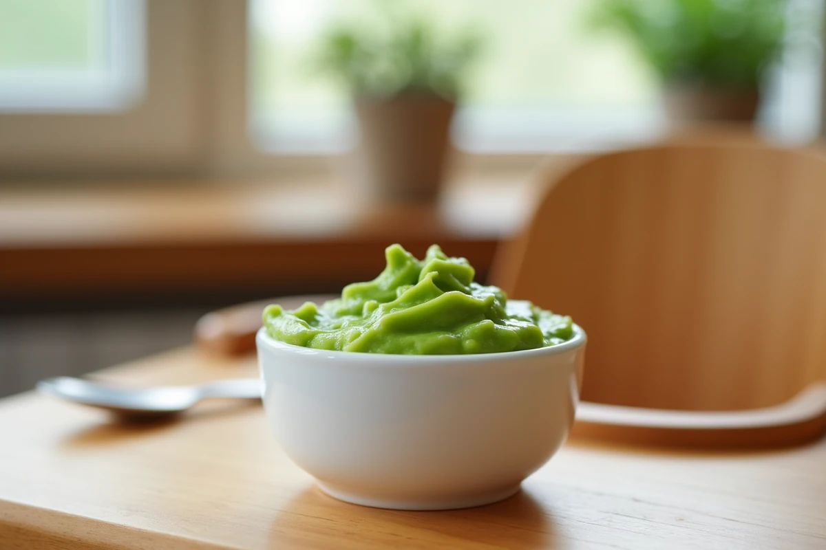 Bol de purée de haricots verts maison pour bébé posé sur le plateau d'une chaise haute en bois