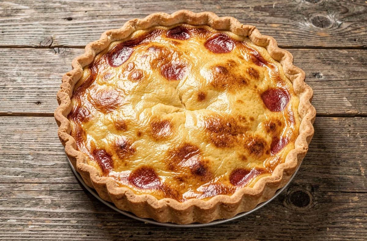 Quiche lorraine dorée posée sur une table en bois
