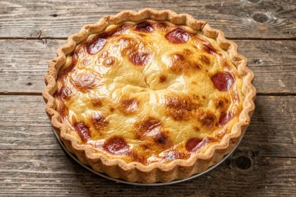 Quiche lorraine dorée posée sur une table en bois
