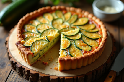 Quiche zucchini fraîche sur table en bois rustique