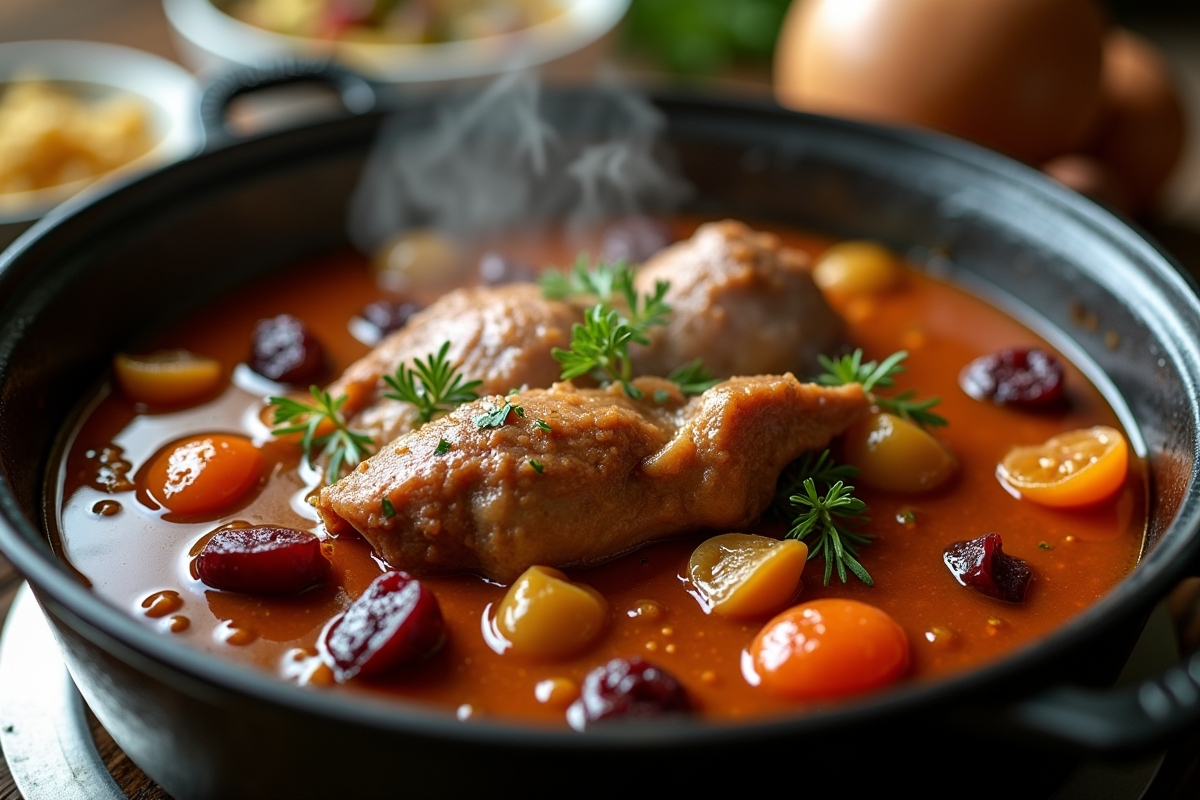 Ragoût de lapin aux prunes en cocotte avec vapeur