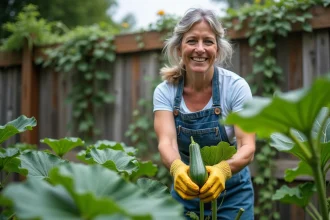 Femme qui récolte une courgette dans son potager familial avec des gants de jardinage