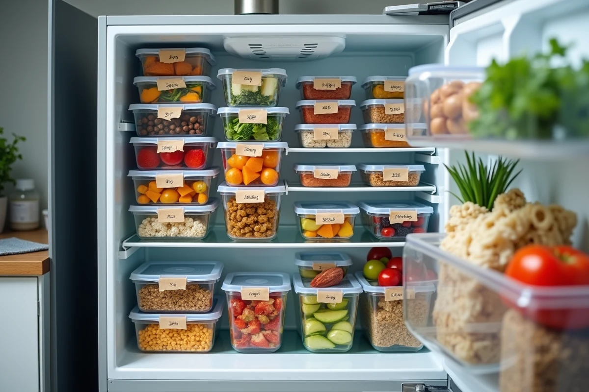 Réfrigérateur organisé avec des contenants étiquetés remplis de repas préparés en avance pour la semaine en batch cooking
