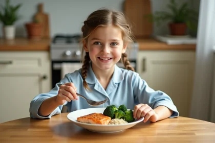 Jeune fille en pyjama mangeant un repas équilibré le soir avec légumes et poisson, attablée dans une cuisine familiale chaleureuse