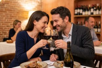 Couple élégant partageant un repas gastronomique dans un restaurant raffiné de Toulouse avec vin rouge et plats traditionnels
