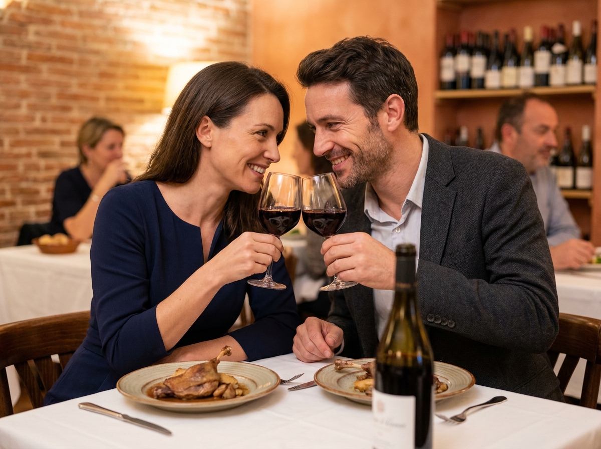 Couple élégant partageant un repas gastronomique dans un restaurant raffiné de Toulouse avec vin rouge et plats traditionnels