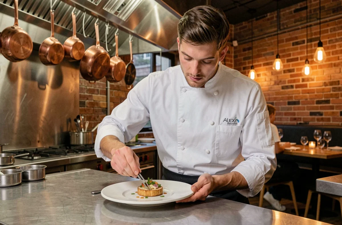 Chef Alexis Baudin en train de dresser une assiette gastronomique dans sa cuisine ouverte à Malling