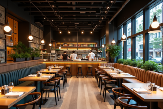 Intérieur moderne d'un restaurant élégant avec mobilier en bois