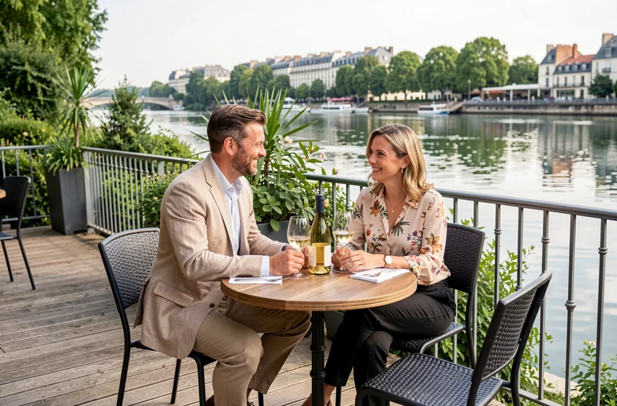 Couple attablé sur la terrasse de L'Île à Issy-les-Moulineaux avec vue sur la Seine