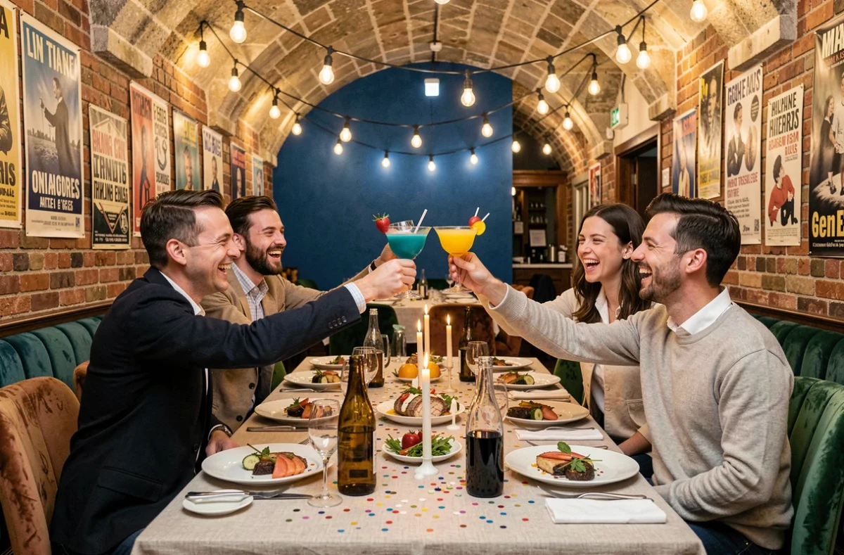 Groupe d'amis fêtant un anniversaire dans un restaurant original et atypique de Lyon, avec décoration éclectique en briques apparentes et cocktails colorés