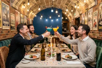 Groupe d'amis fêtant un anniversaire dans un restaurant original et atypique de Lyon, avec décoration éclectique en briques apparentes et cocktails colorés