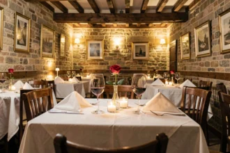 Table romantique dressée pour deux dans un restaurant chaleureux des Hauts-de-France, avec nappe blanche, rose rouge et verres de vin.