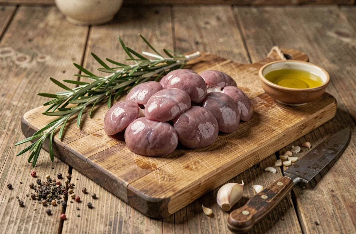 Rognons de veau crus sur planche à découper en bois avec romarin, ail et épices, prêts pour la cuisson à la plancha