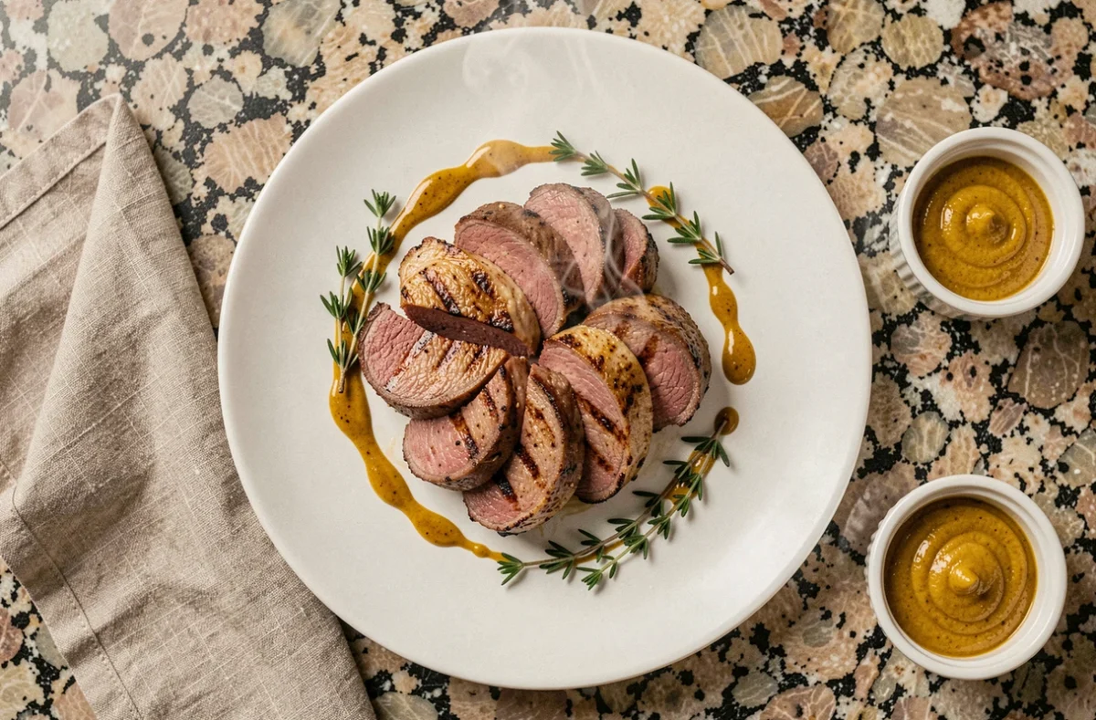 Rognons de veau cuits à la plancha, servis en médaillons dorés avec sauce moutarde et thym frais sur assiette blanche