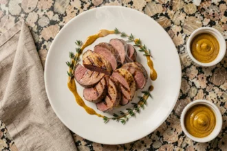 Rognons de veau cuits à la plancha, servis en médaillons dorés avec sauce moutarde et thym frais sur assiette blanche