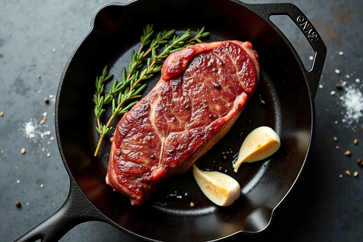 Steak de bœuf en train de saisir dans une poêle en fonte avec thym et ail pour attendrir la viande