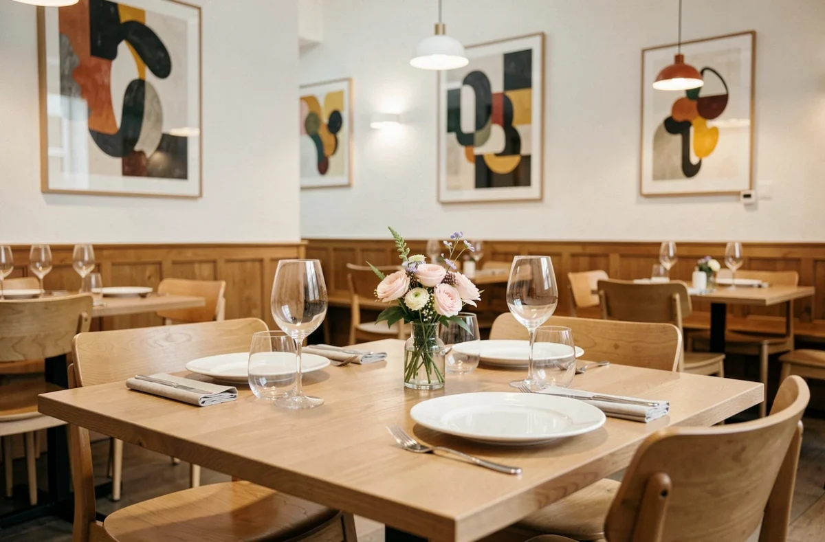 Table élégamment dressée dans la salle moderne du restaurant Saisons à La Madeleine, avec décoration épurée et œuvres d'art contemporaines.