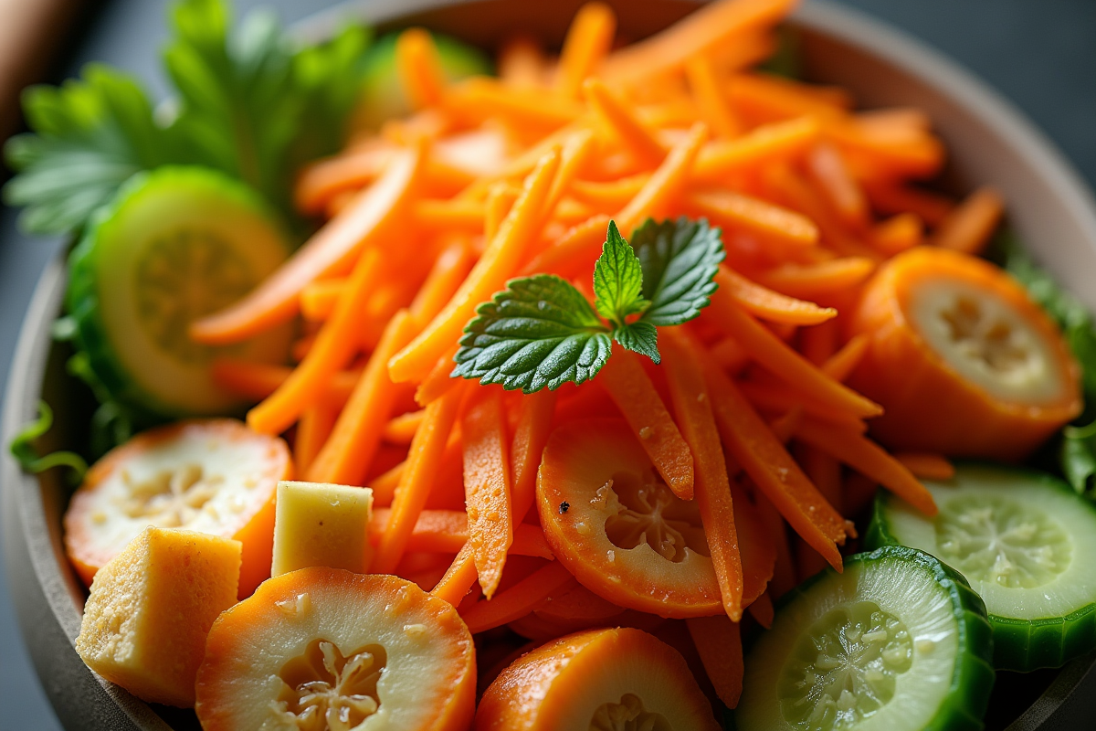 Salade colorée avec jicama carottes et concombre japonais