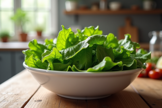 Salade d'escarole fraîche dans un bol blanc lumineux
