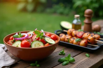 Salade fraîche et brochettes grillées sur une table de jardin en bois pour accompagner un barbecue rapide