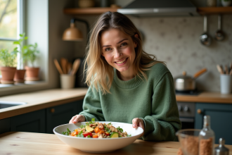 Femme souriante préparant une salade colorée dans une cuisine moderne